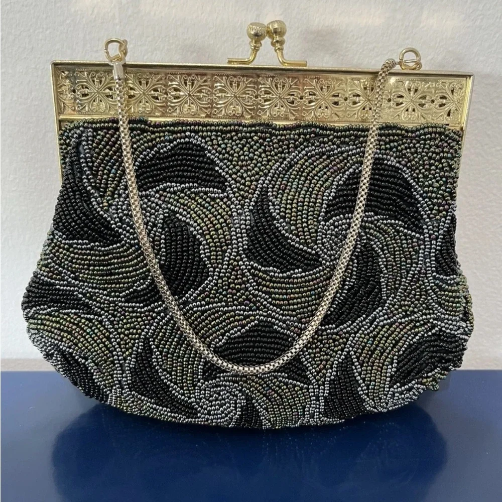 Black Gray Swirl Beaded Purse Evening Bag Clutch Gold Frame Vintage 50s 60s